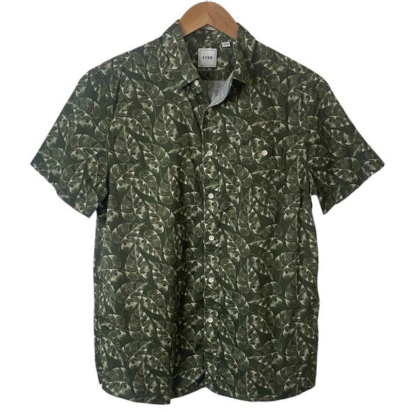Rowm Mens Size Large Green Leaf Print Button Up Shirt Short Sleeve Lightweight - Picture 1 of 7